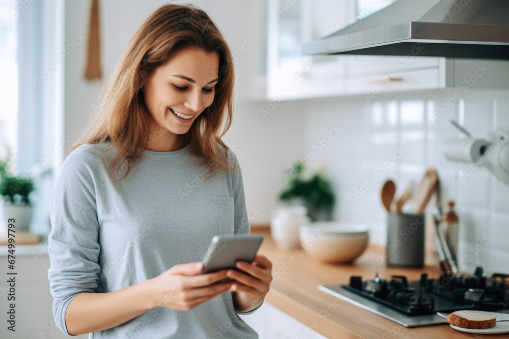 A happy caucasian woman standing in her kitchen white looking at good news on her smartphone A happy caucasian woman standing in her kitchen white looking at good news on her smartphone