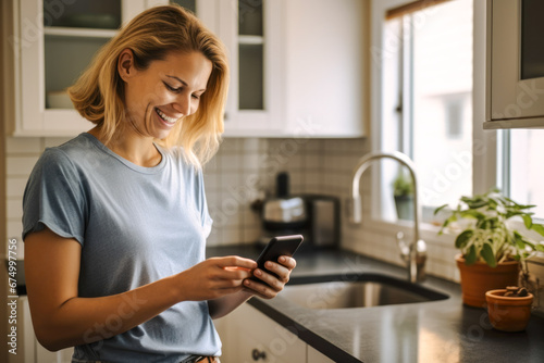 A happy caucasian woman standing in her kitchen white looking at good news on her smartphone
