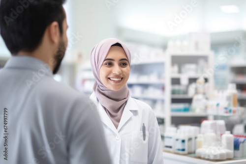 Dedicated Muslim pharmacist ensures customer well-being and satisfaction with a warm smile.