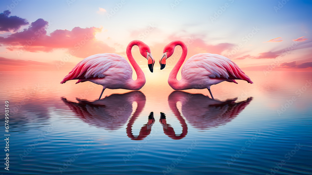 Naklejka premium Flamingo pair creates romantic heart silhouette.