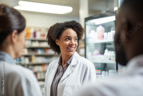 Cheerful pharmacy staff welcomes customers with enthusiasm photo
