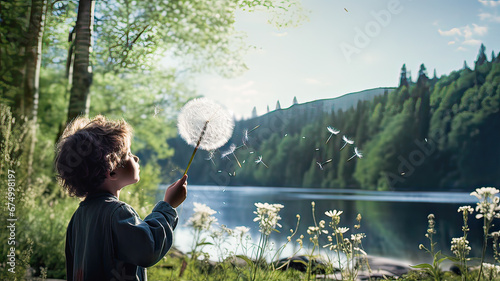 Sunlit nature, a boy, and a dandelion's flight.