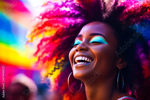 Portrait of a joyful African American female, her vibrant spirit radiating through a genuine smile illuminated by rainbow light. Concept of pure happiness and positivity