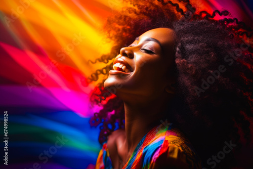 Portrait of a joyful African American female, her vibrant spirit radiating through a genuine smile illuminated by rainbow light. Concept of pure happiness and positivity