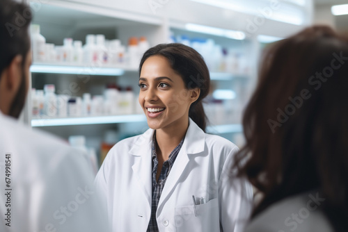 Professional female Indian pharmacist, ensuring customer well-being with a welcoming smile.