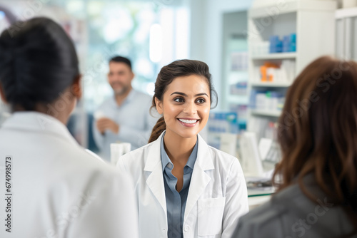 A compassionate female Indian pharmacy technician in traditional Indian attire, ready to offer assistance with a warm demeanor.