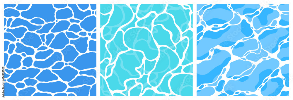 Quiet clear blue water surface seamless pattern illustration set. Modern flat cartoon background design of beach or pool with tranquil turquoise ripples. Summer vacation backdrop collection. - obrazy, fototapety, plakaty 