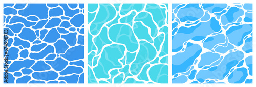 Quiet clear blue water surface seamless pattern illustration set. Modern flat cartoon background design of beach or pool with tranquil turquoise ripples. Summer vacation backdrop collection.