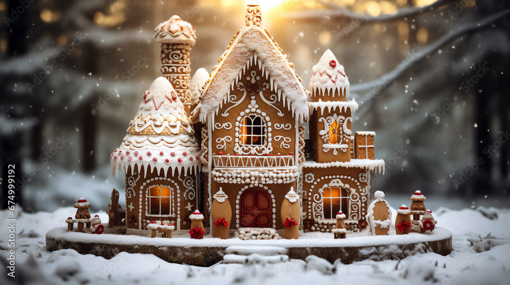 christmas gingerbread house in the winter snow