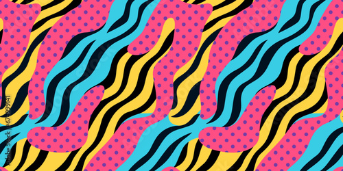 Abstract colorful neon print seamless pattern illustration in retro 80s style. Trendy background with creative line drawing.