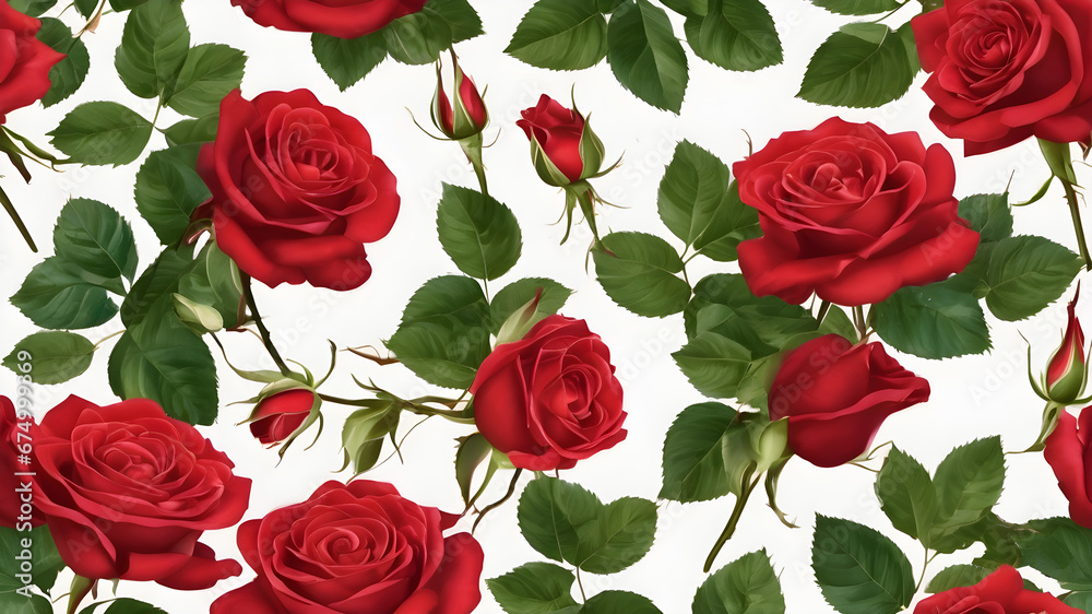 Fototapeta premium seamless pattern with red roses, roses in a garden, Red roses white background, roses wallpaper
