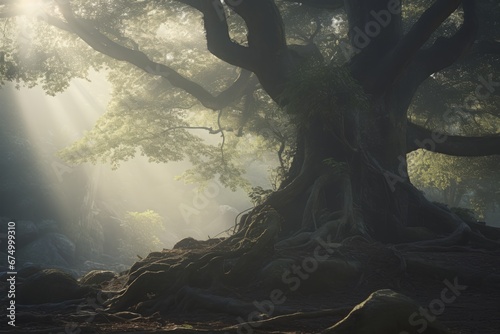 Ancient tree bathed in soft sunlight. © Kishore Newton
