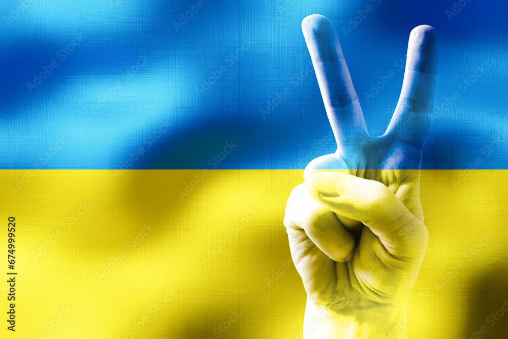 Ukraine - two fingers showing peace sign and national flag