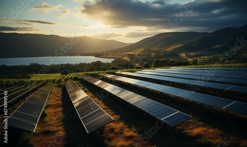 solar panels at sunset on a farm in new zealand with mountain backdrop