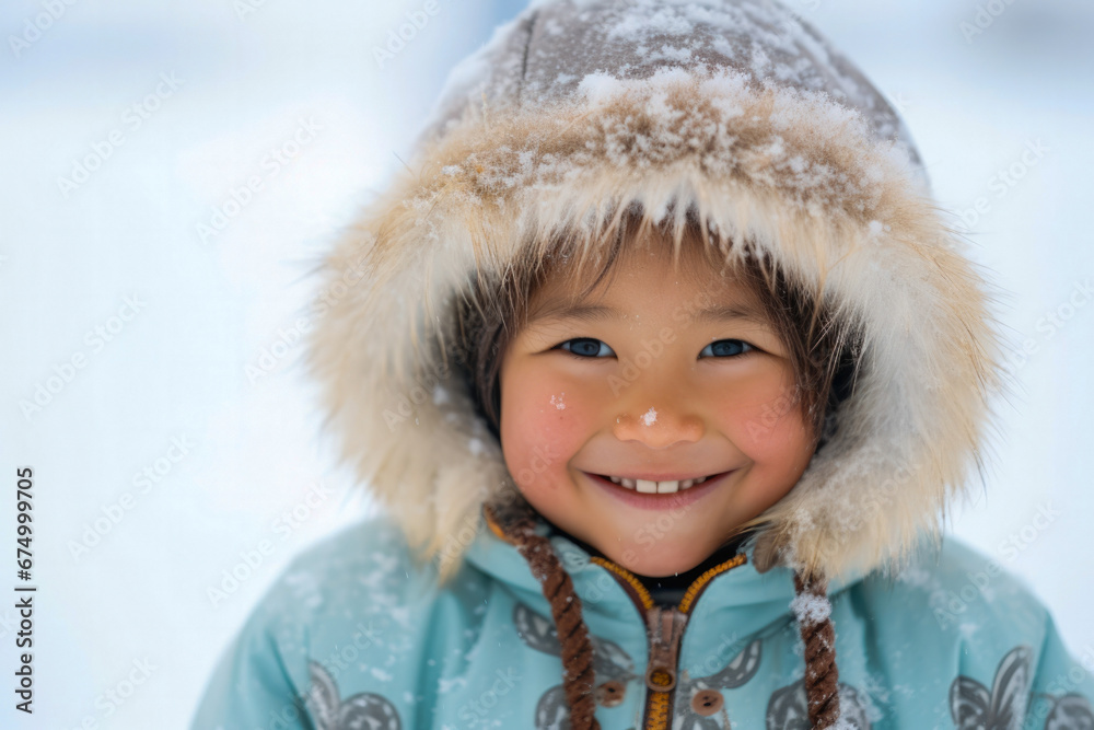A closeup portrait of happy Inuit native American child smiling on a cold winter day A closeup portrait of happy Inuit native American child smiling on a cold winter day