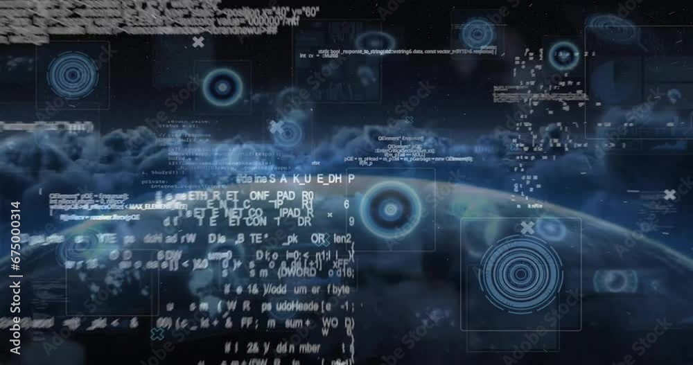 Animation of computer language, circles, radars, globe over aerial view of dense clouds