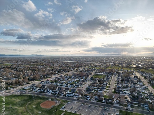 Aerial view of an urban area, captured from a high-altitude perspective in Roy, Utah photo
