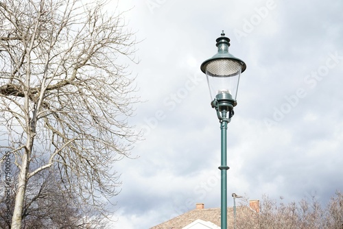 Outdoor scene featuring a lamp against a cloudy sky and a tree standing by its side photo