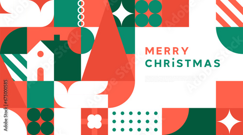 Merry Christmas landing web page template for holiday celebration event. Flat geometry shape mosaic illustration in abstract scandinavian art style.