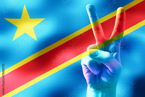 Democratic Republic of the Congo - two fingers showing peace sign and national flag