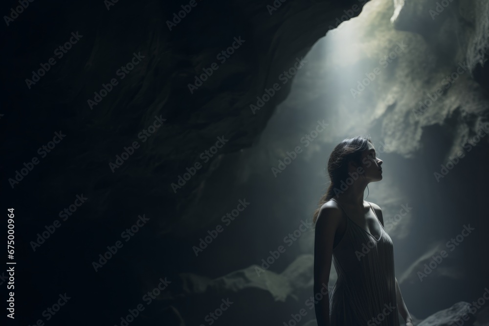 Cave ceilings with ethereal light illuminating a lone woman's face.