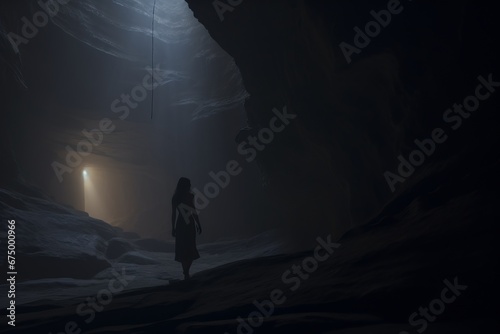 Solitary woman exploring a dimly lit cave, dark tones.