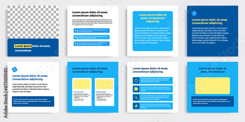 Minimal modern style of social media post banner layout template pack in blue, yellow, orange combination background color with simple elements