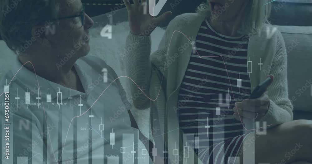 Animation of graphs, changing numbers and letters over caucasian couple discussing at home