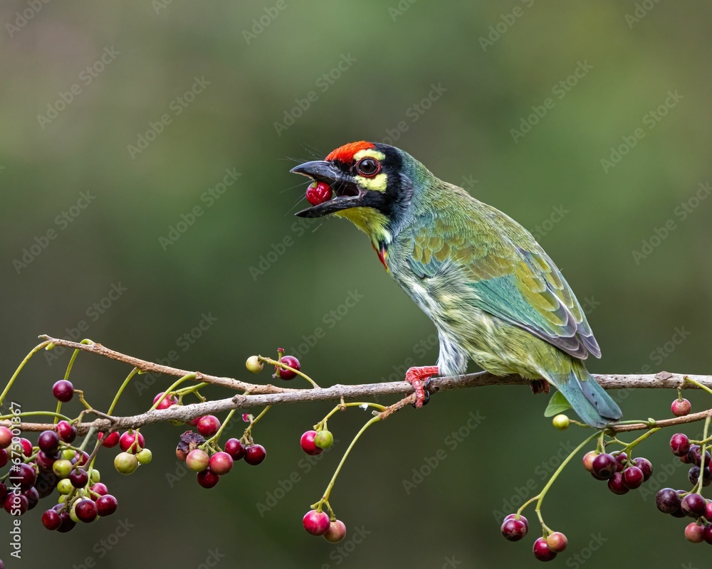 Coppersmith Barbet bird perching on tree branch