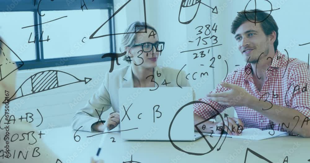 Animation of mathematical equation and diagram, diverse coworkers sharing ideas in office