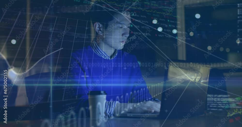 Animation of computer language , graphs, trading board, asian man working on laptop