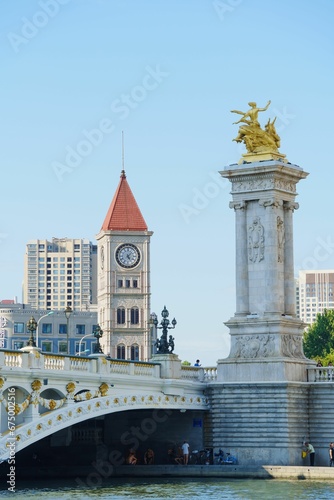Cityscape, Bei'an Bridge and Church Tower Bell along the Haihe River, Tianjin, China