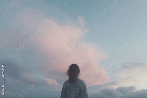 Iridescent clouds at dusk with a lone woman, pastel sky