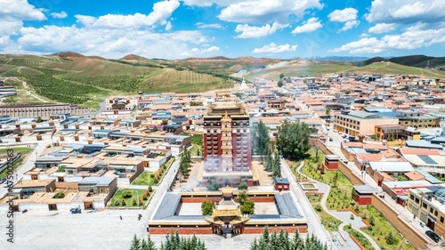 Aerial view of the Milarepa Buddhist Pavilion in Gansu Province, China photo