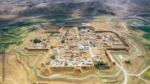 Aerial view of the Bajiao Ancient City in Gansu Province, China photo
