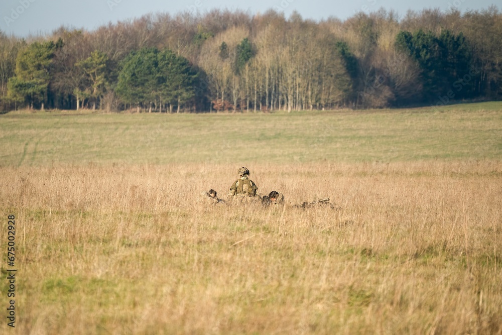 Group of military personnel taking cover in a grassy meadow during the winter season