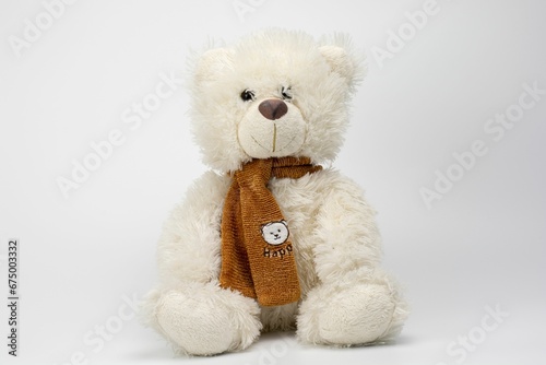 Soft, white teddy bear with a brown knitted scarf around the neck on the white background