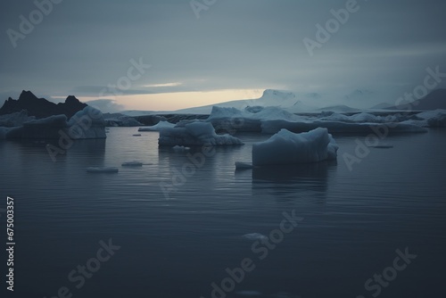 Midnight sun over icebergs in cool blues with high detail