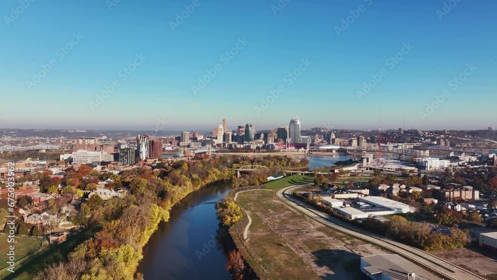 Aerial view of Cincinnati, Ohio from Kentucky over a river with views of Covington and Keyesport. Aerial view of Cincinnati, Ohio from Kentucky over a river with views of Covington and Keyesport.
