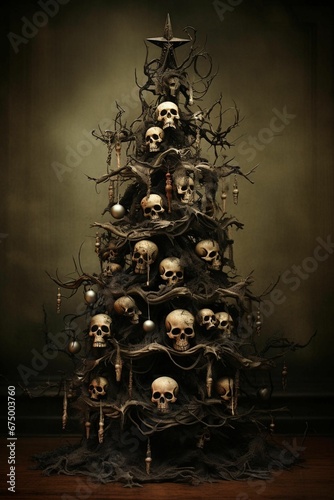 AI-generated illustration of a spooky Christmas tree adorned with skulls