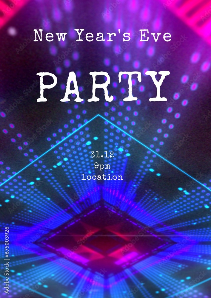 New year's eve party text in white over diamond shaped tunnel of blue and pink lights New year's eve party text in white over diamond shaped tunnel of blue and pink lights