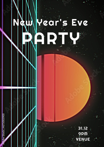 New year's eve party text in white over colourful grid and setting sun on starry black sky
