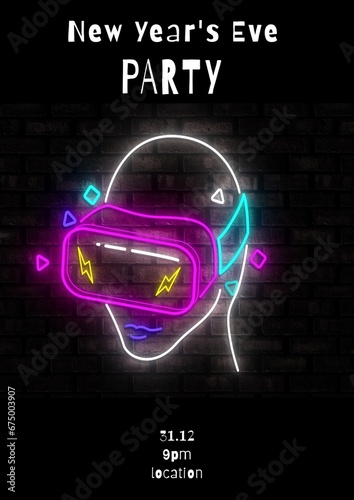 New year's eve party text in white with neon head in vr headset on black