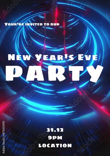 You're invited to our new year's eve party text in white over coils of blue and red lights