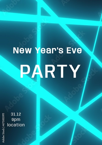 New year's eve party text in white over blue glowing lines on black
