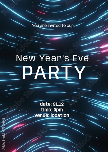 You are invited to our new year's eve party text in white over swirling blue and pink lights