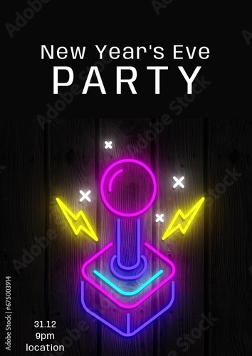 New year's eve party text in white with neon gaming joystick on black