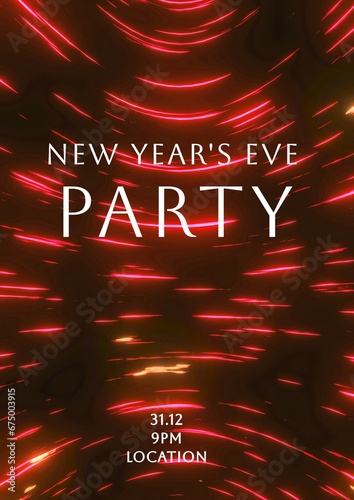 New year's eve party text in white over swirls of red light on black