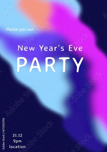 Please join our new year's eve party text in white over defocused pink and blue shaped on black