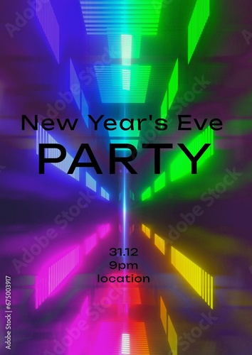 New year's eve party text in black over colourful radiating blocks of light